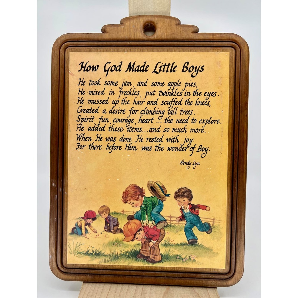 Vintage Wendy Lynn 1960s How God Made Little Boys Wood Sign 9”x7”